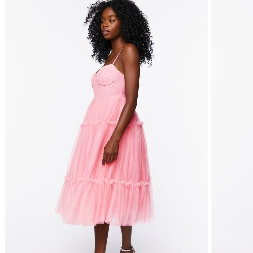 Pink Tulle Ruffled Bustier Midi Dress - Picture 7 of 12